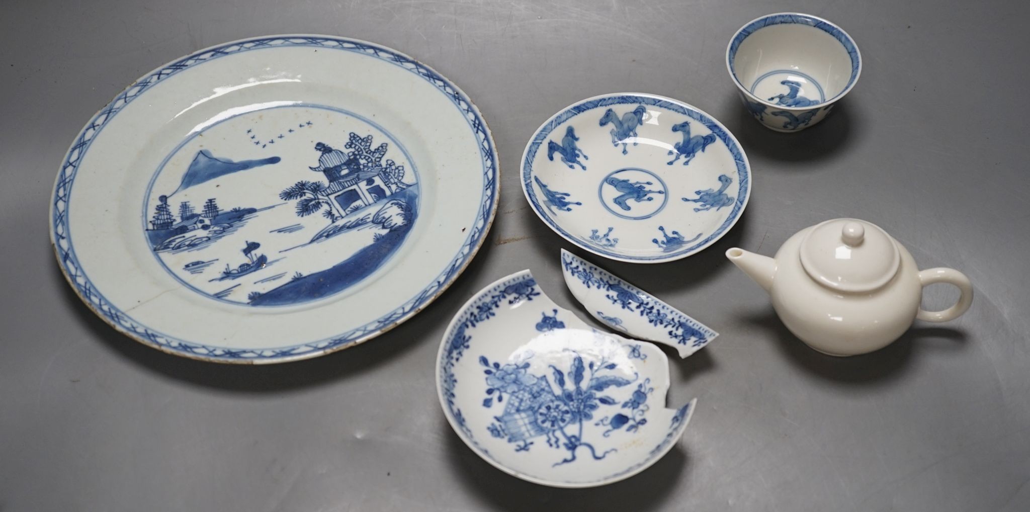 A Chinese blue and white plate, 23.5 cm, a similar tea bowl and saucer, a saucer and a white glaze teapot and cover, 18th century and later